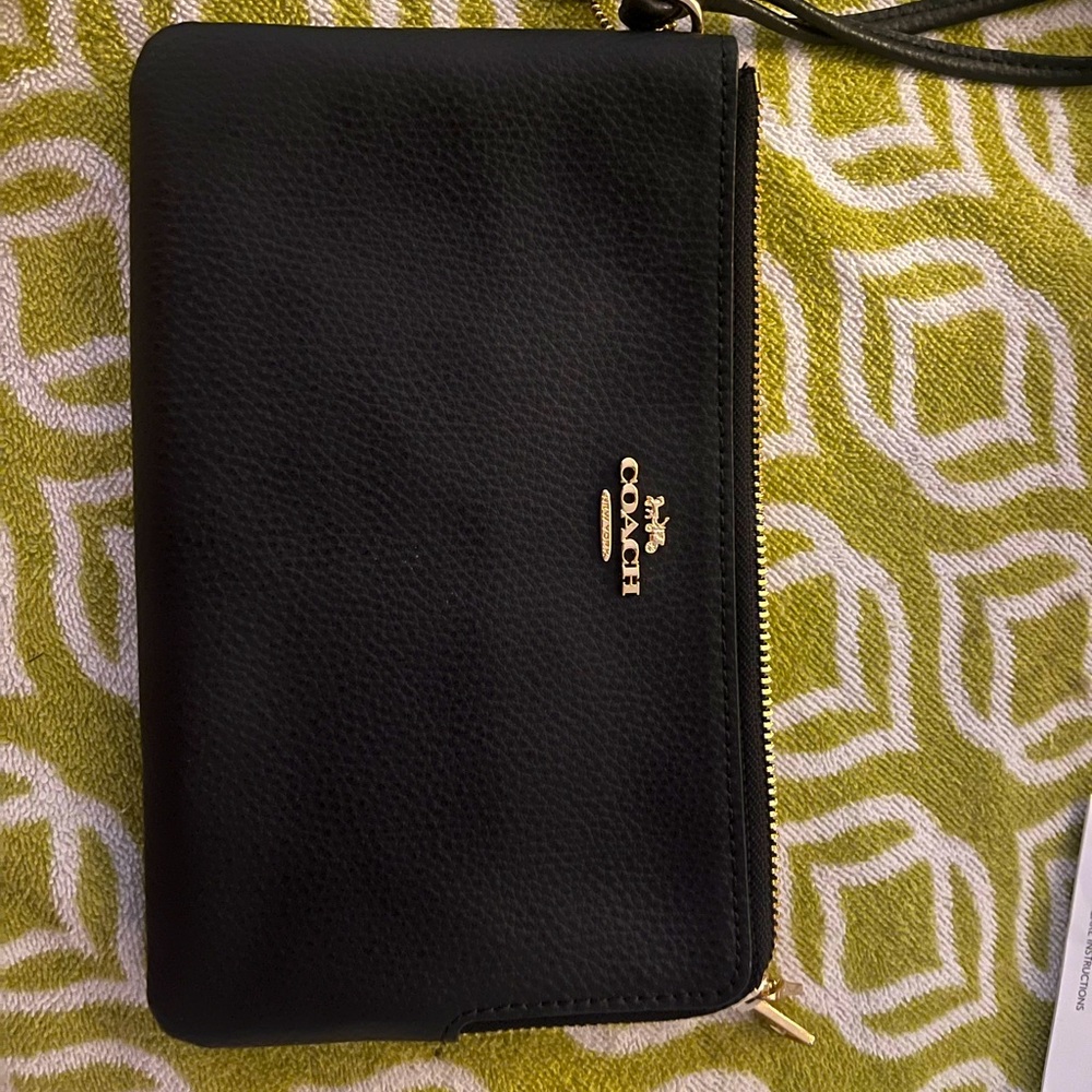 Coach Black Leather Wristlet with Gold Accents